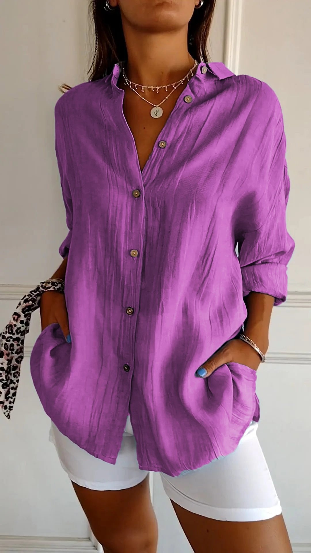 ✨Women's Casual Single-Breasted Pleated Lapel Shirt